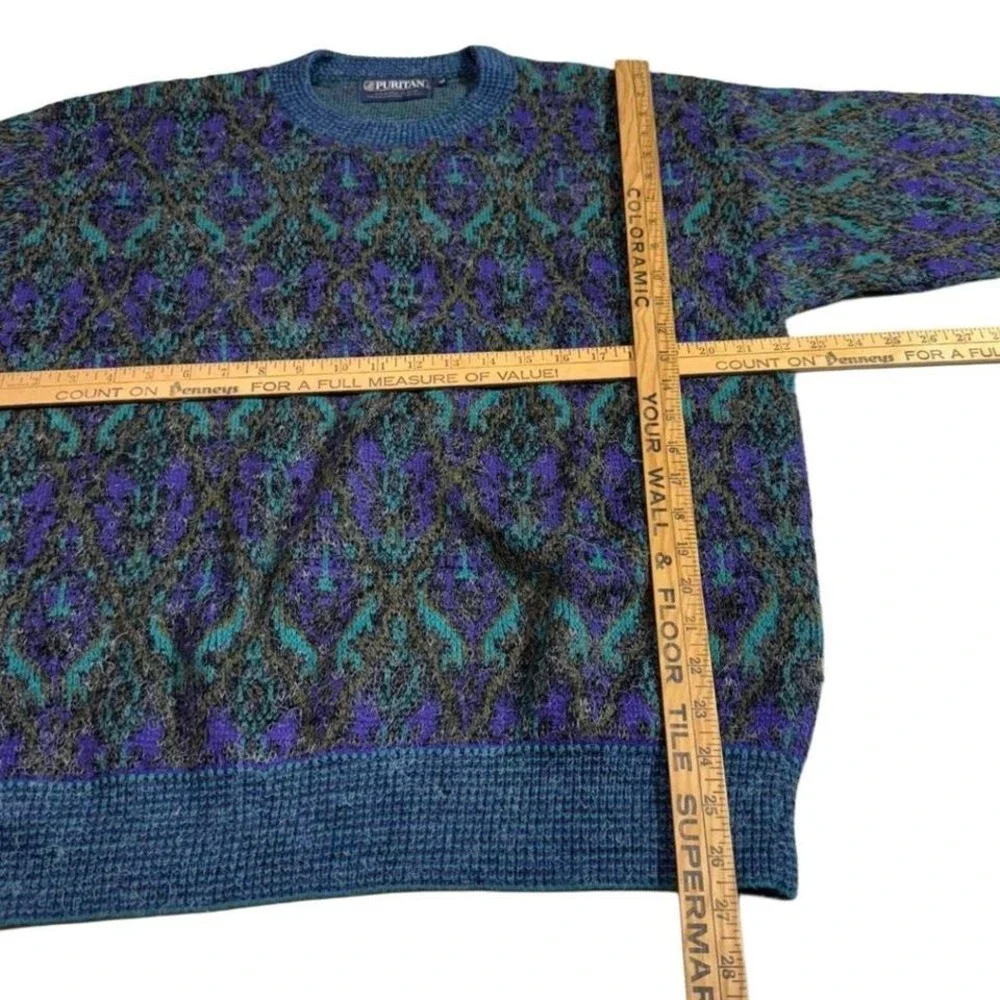 Puritan Geometric Pattern Crewneck Sweater Men's‎ Large Blue Purple Green